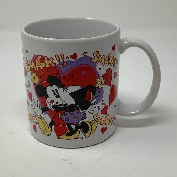 The Disney Store Coffee Mug Tea Cup Mickey Minnie Kissing Hearts Smack Valentine - Picture 2 of 12